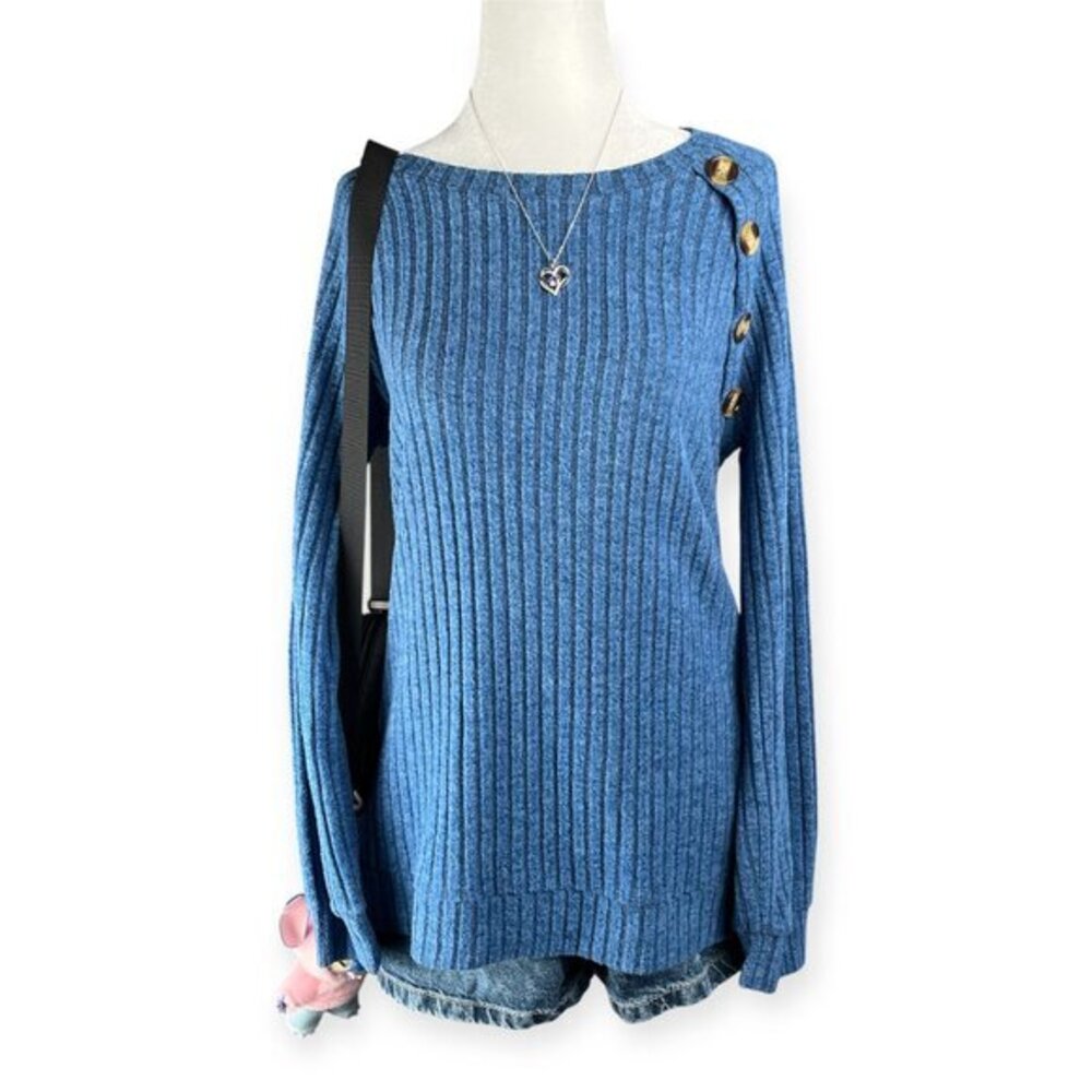 Ribbed Knit Sweater Women’s Small Blue Button Shoulder Long Sleeve Pullover Top